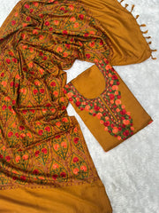 Mustard Yellow Woolen Kurtha Piece With Kashmiri Embroidery Work