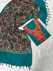 Sky Blue Woolen Kurtha Piece With Kashmiri Embroidery Work