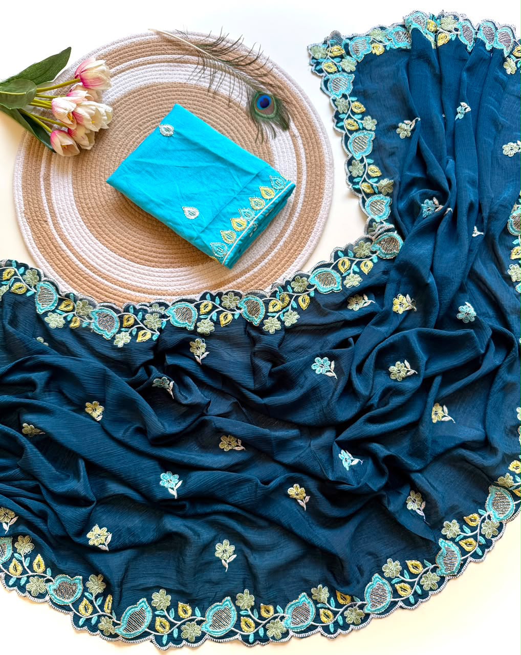 Peacock Blue Embroidered Chinon Saree