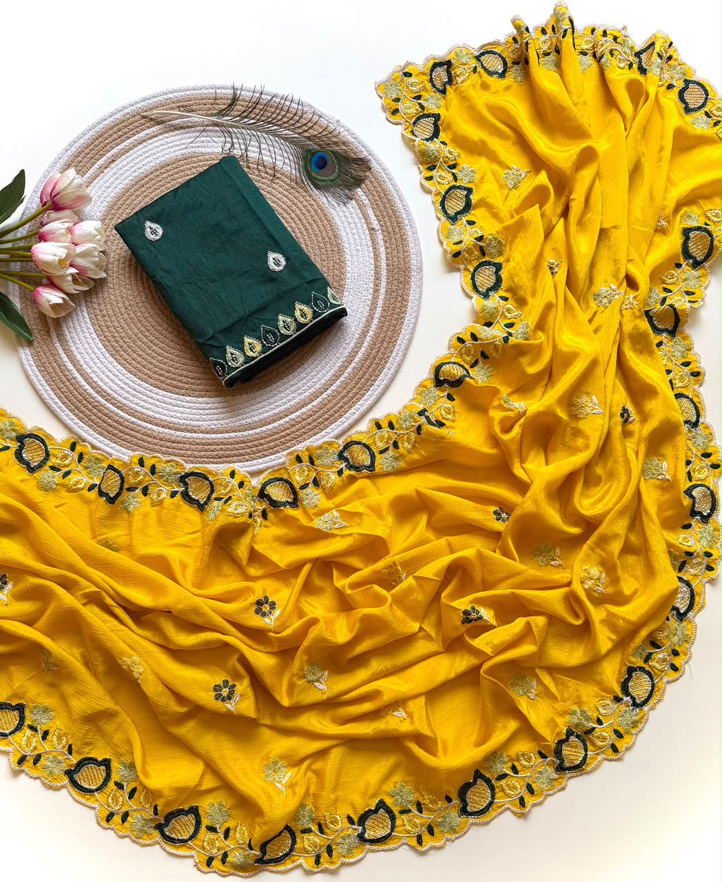 Sunshine Yellow Embroidered Chinon Saree