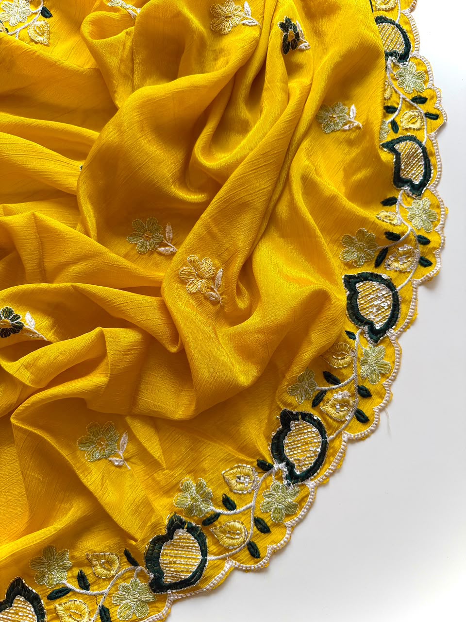 Sunshine Yellow Embroidered Chinon Saree
