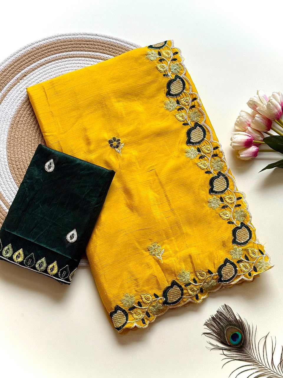 Sunshine Yellow Embroidered Chinon Saree