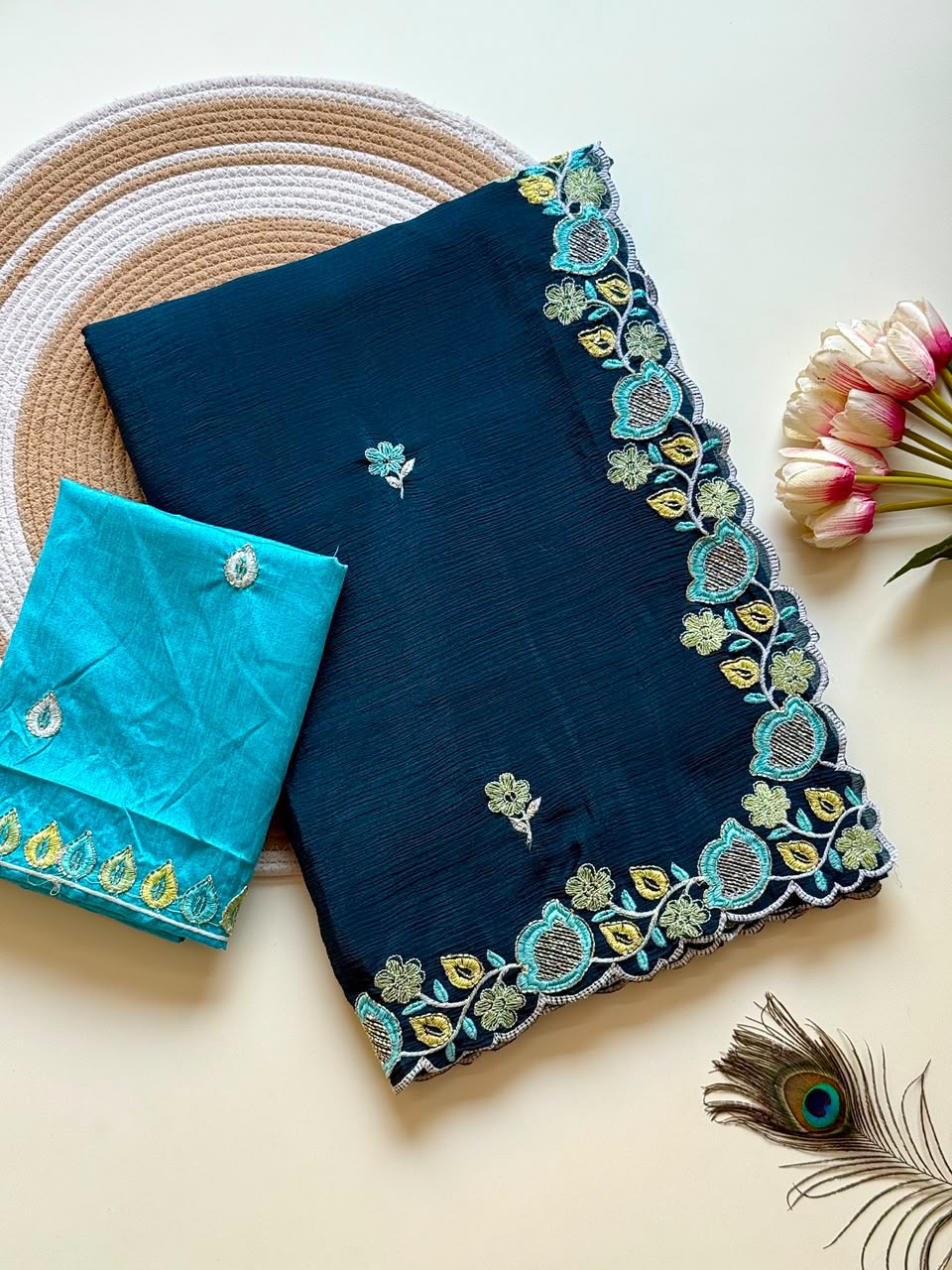 Peacock Blue Embroidered Chinon Saree