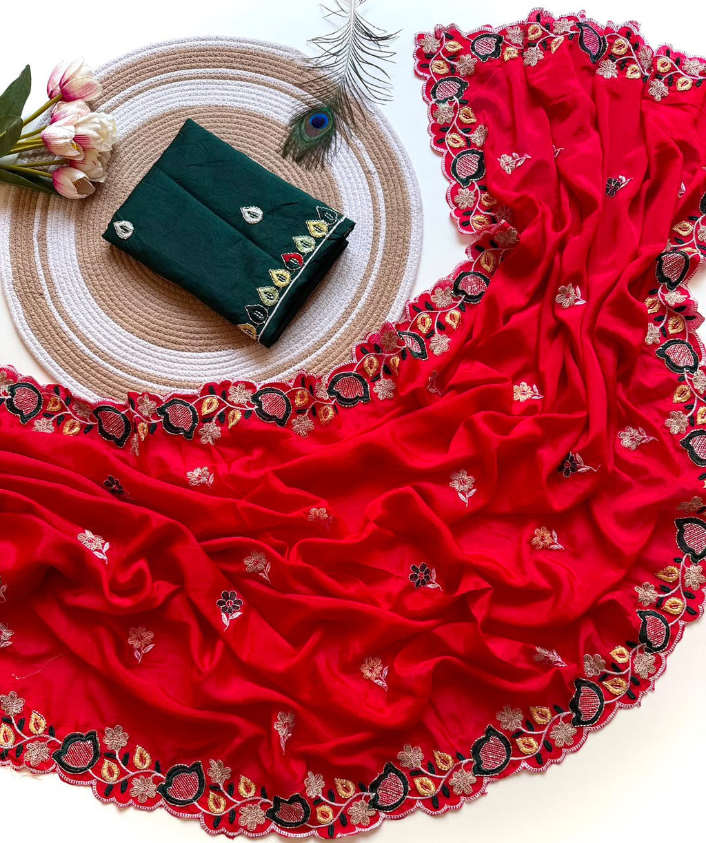 Ruby Red Embroidered Chinon Saree