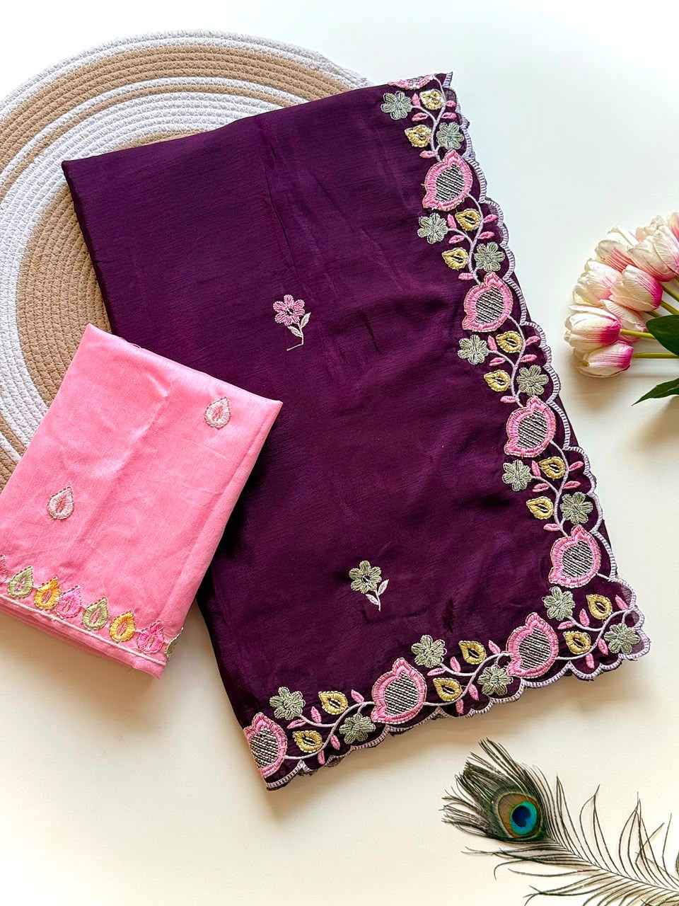 Plum Purple Embroidered Chinon Saree