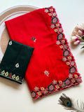 Ruby Red Embroidered Chinon Saree