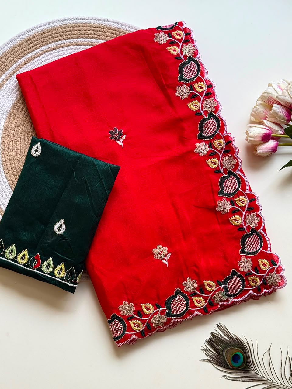 Ruby Red Embroidered Chinon Saree