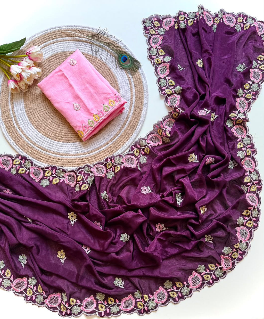 Plum Purple Embroidered Chinon Saree