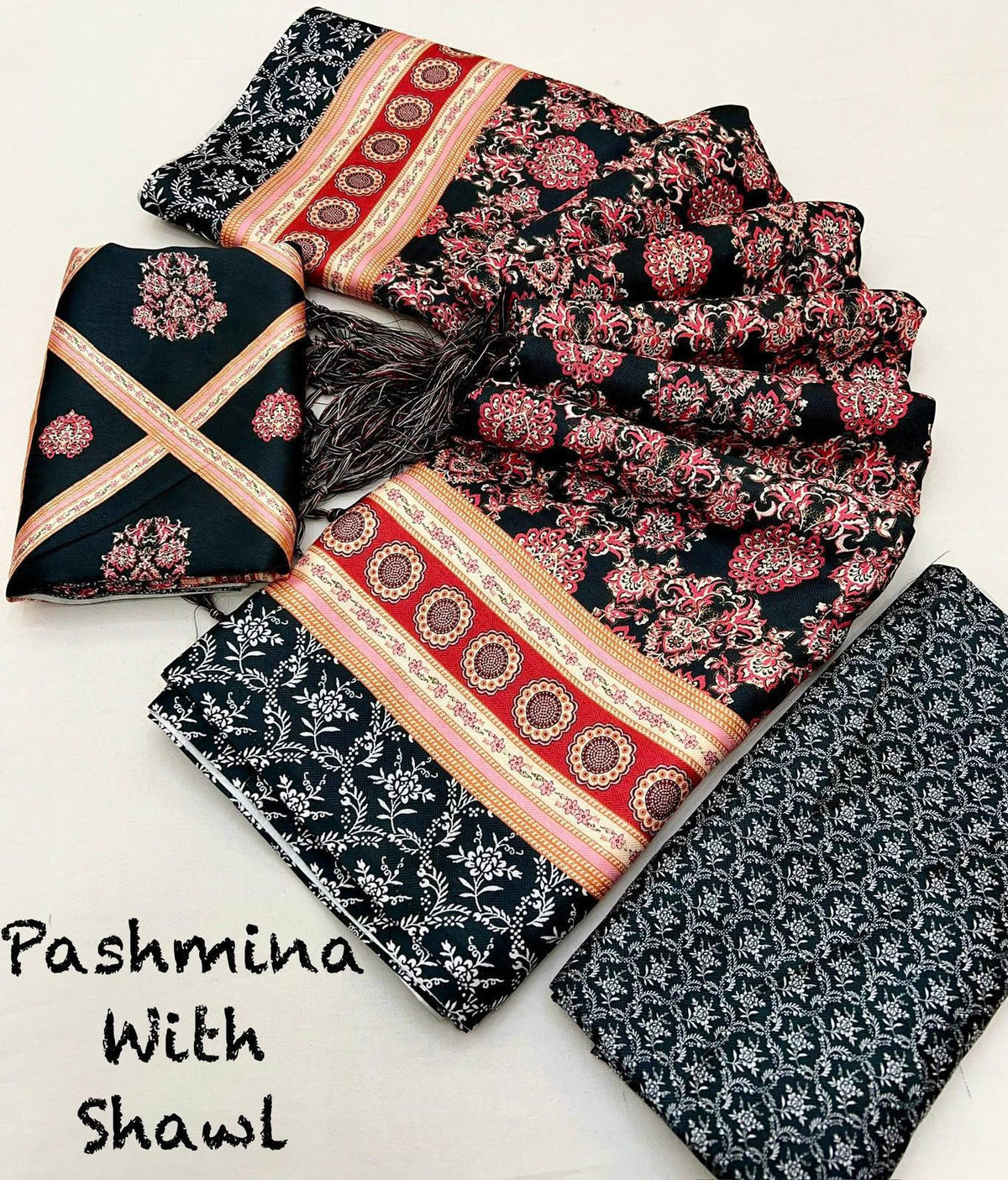 Black Rose Floral Unstitched Pashmina Suit with Shawl