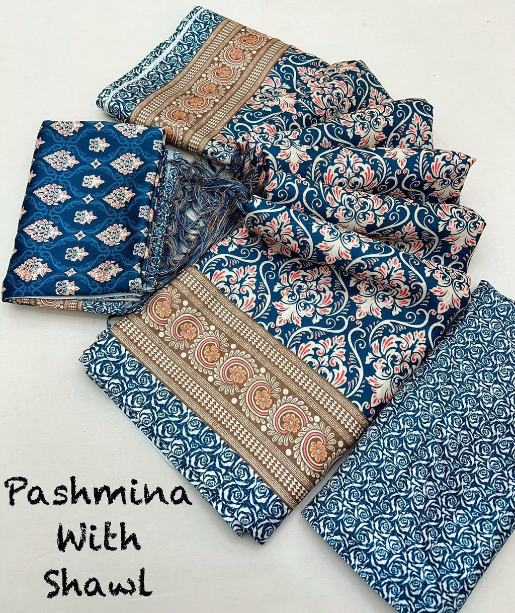 Midnight Blue Floral Unstitched Pashmina Suit with Shawl