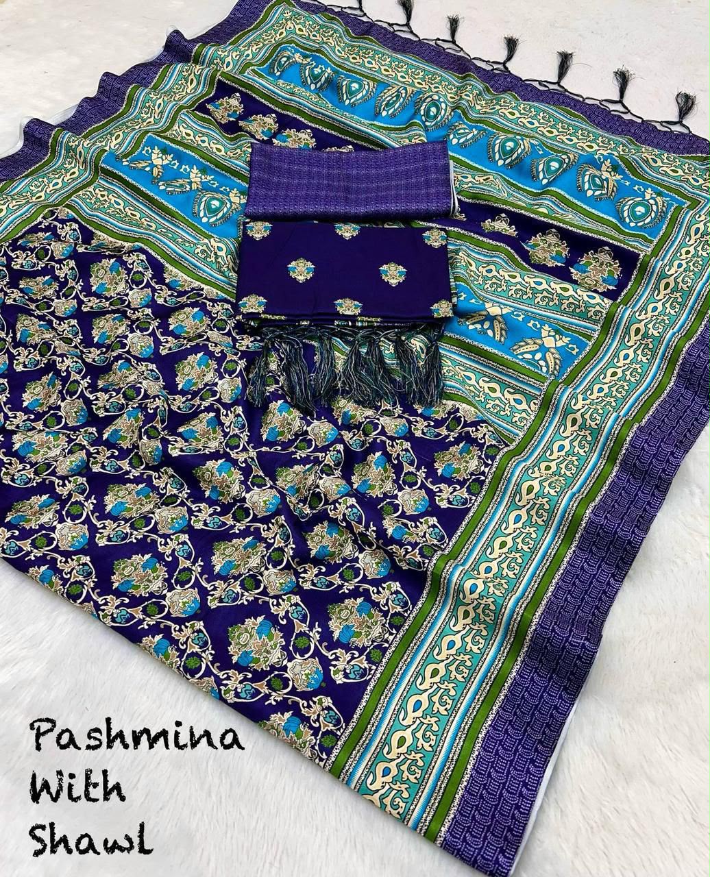 Royal Purple Floral Unstitched Pashmina Suit with Shawl