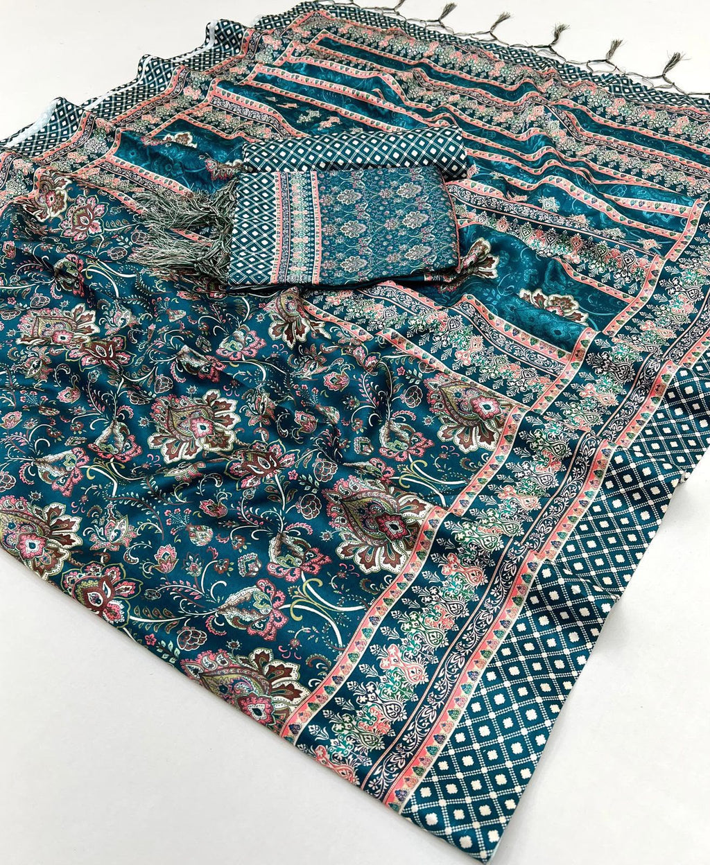 Teal Blossom Unstitched Pashmina Suit with Shawl