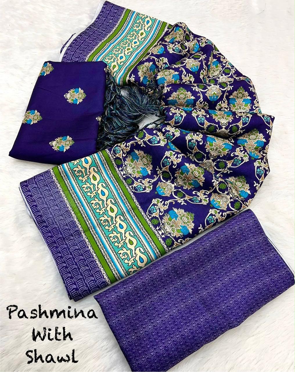 Royal Purple Floral Unstitched Pashmina Suit with Shawl