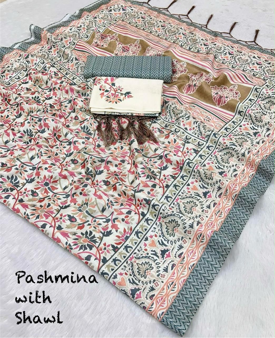 Ivory Blush Vine Unstitched Pashmina Suit with Shawl