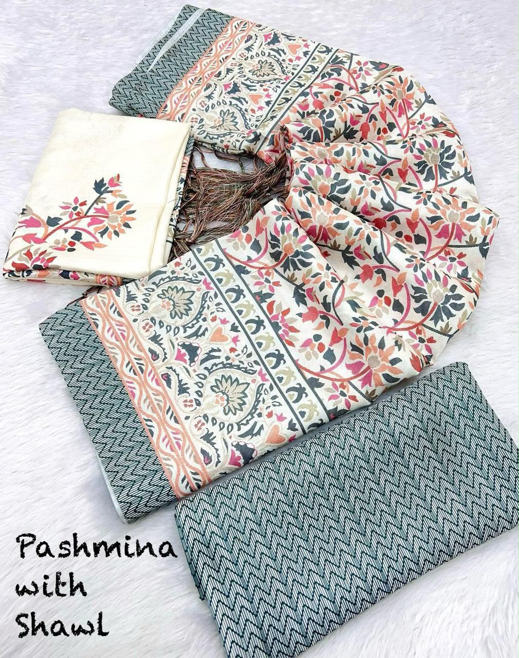 Ivory Blush Vine Unstitched Pashmina Suit with Shawl