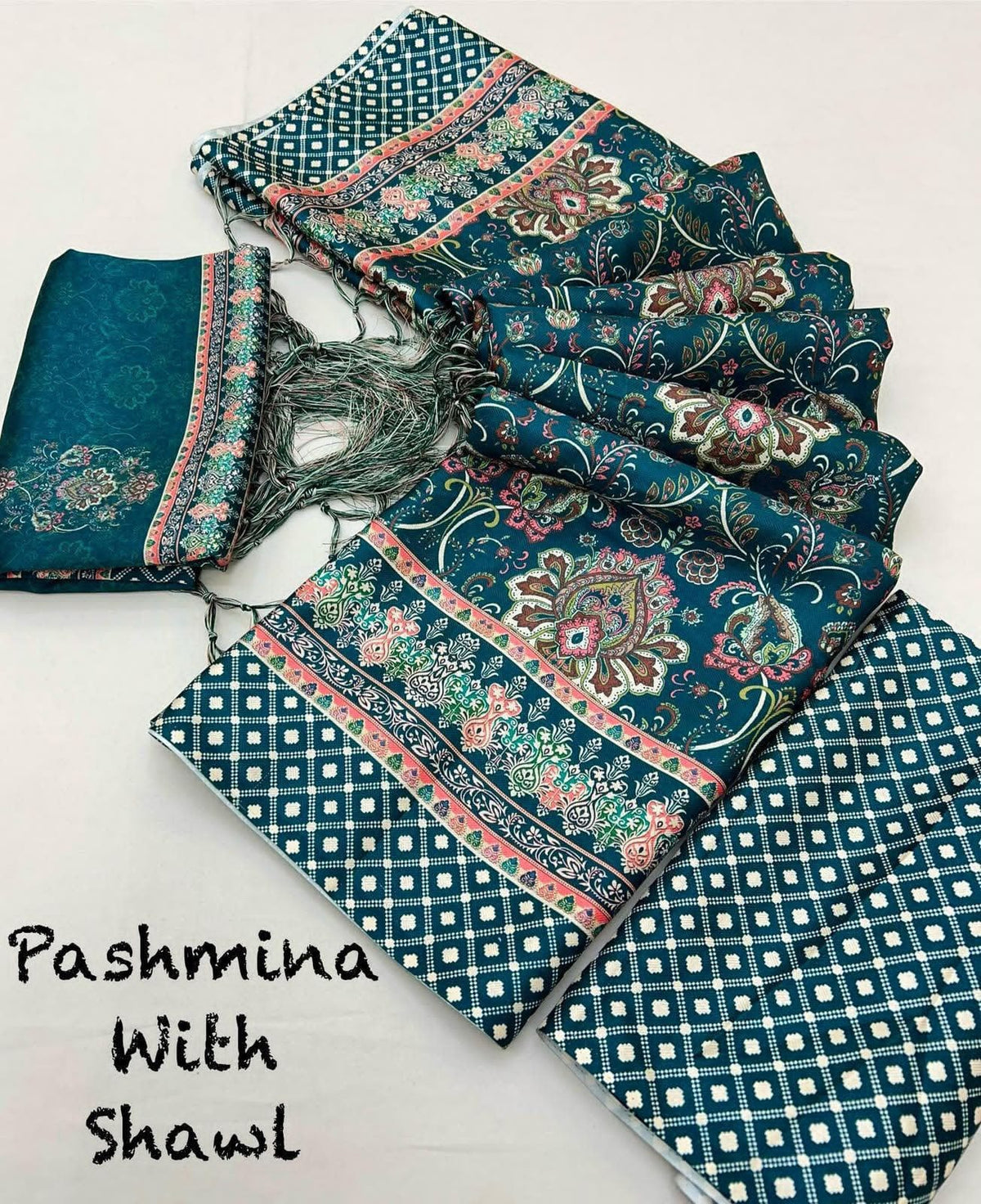 Teal Blossom Unstitched Pashmina Suit with Shawl
