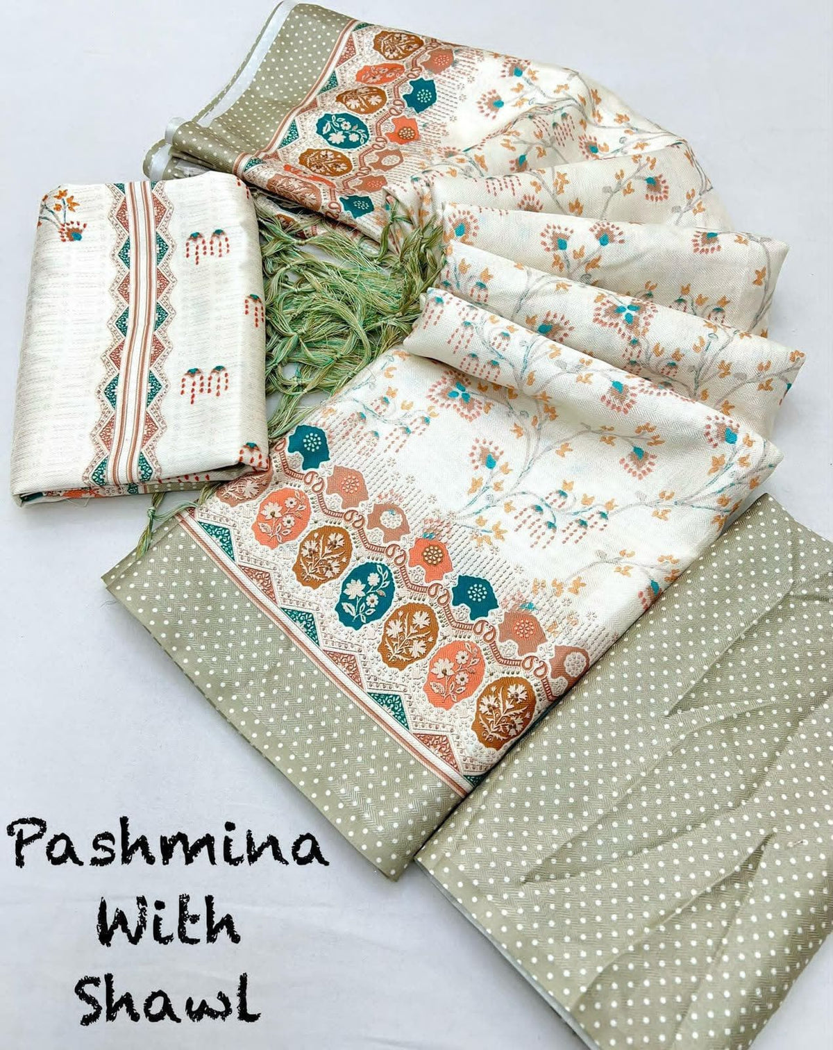 Ivory Sage Floral Unstitched Pashmina Suit with Shawl