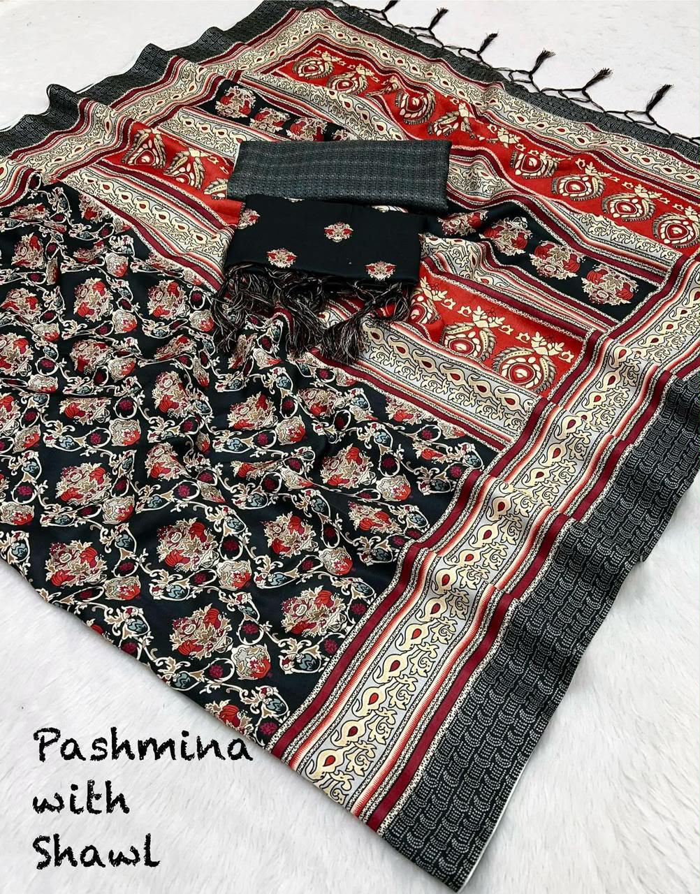 Black Ruby Floral Unstitched Pashmina Suit with Shawl