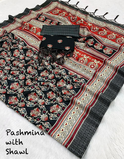 Black Ruby Floral Unstitched Pashmina Suit with Shawl