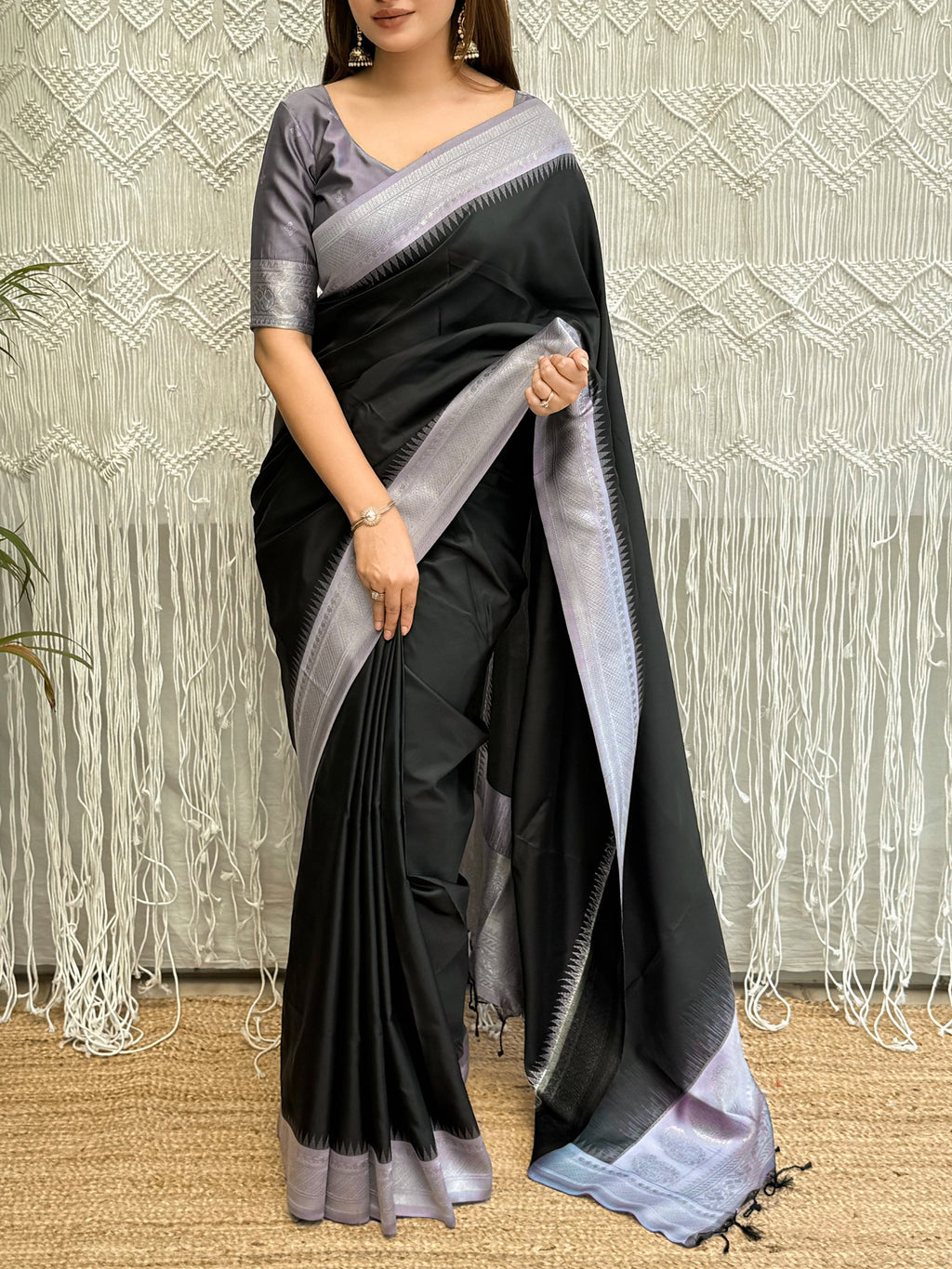 Rajniti Black and Silver Viscose Silk Jacquard Saree
