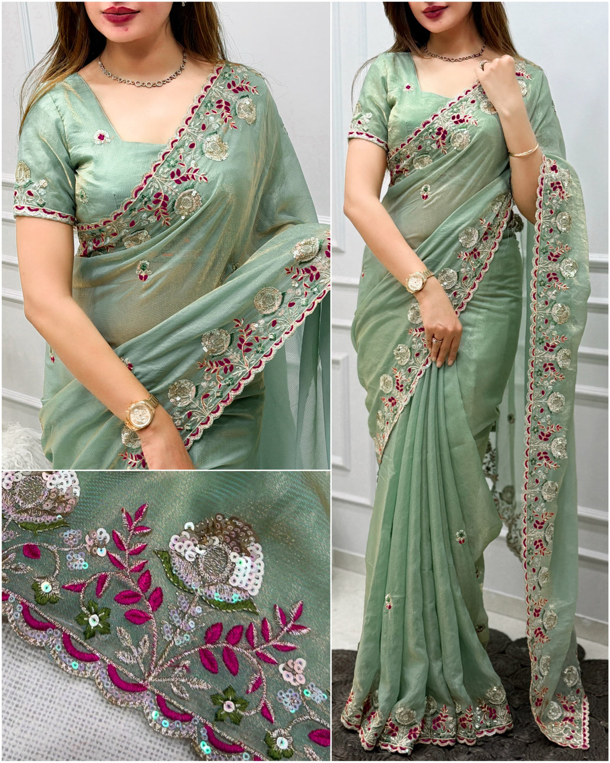 Shafali Mint Green Embroidered Valetino Silk Saree