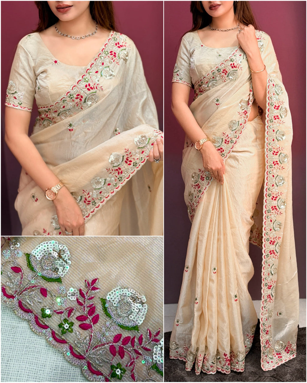 Shafali Ivory Embroidered Valetino Silk Saree