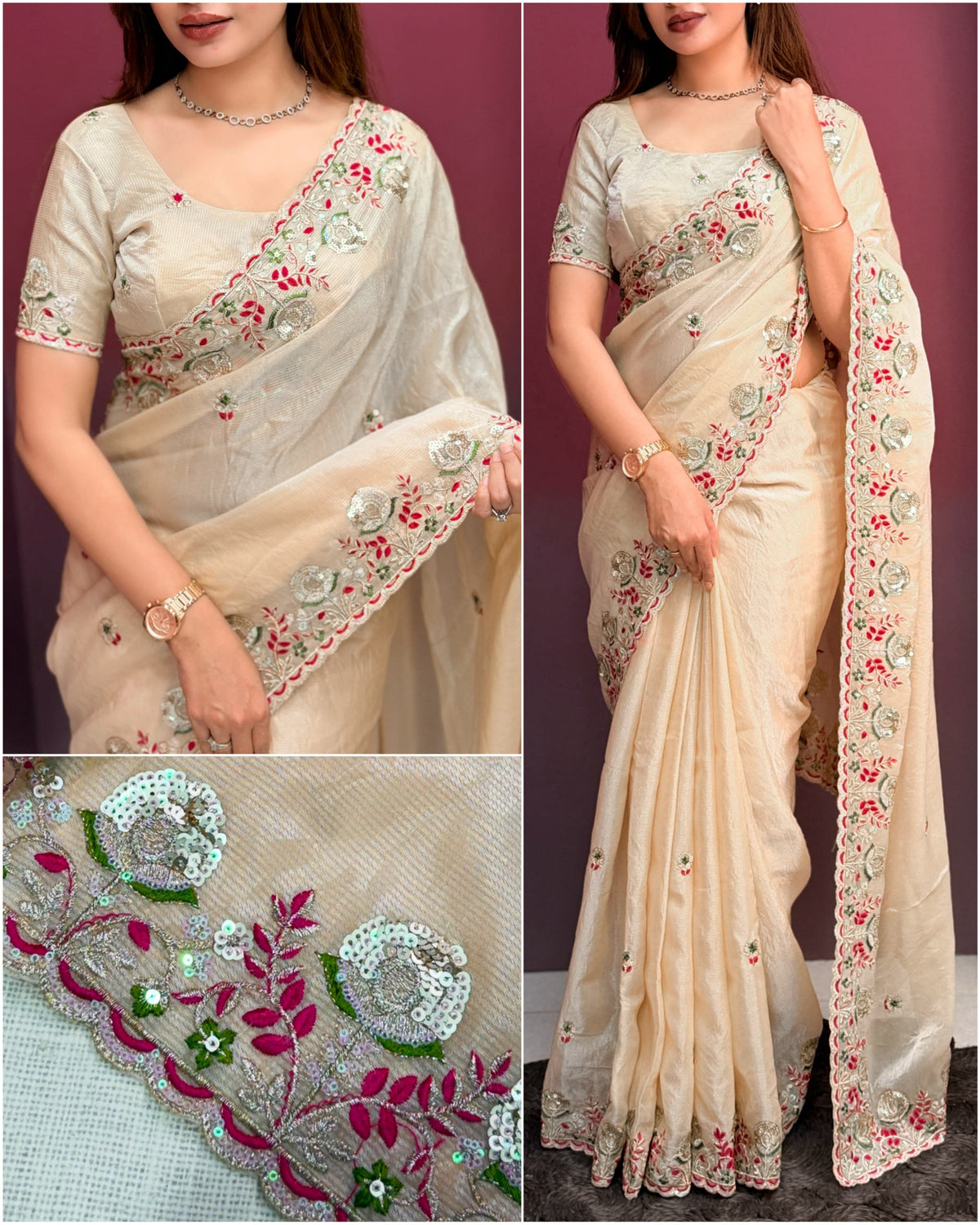 Shafali Ivory Embroidered Valetino Silk Saree