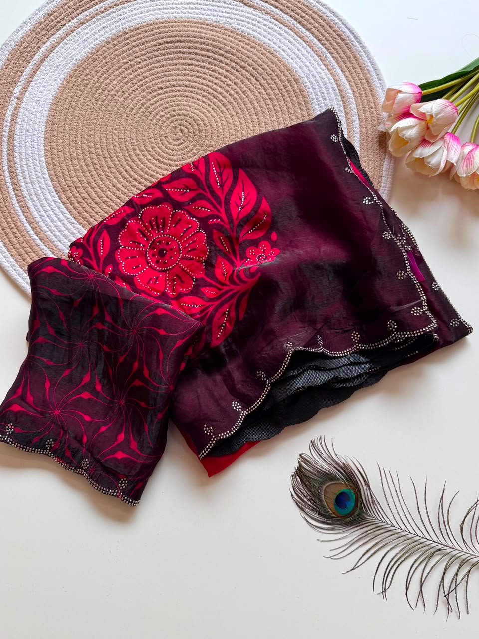Ruby Red Floral Saree with Contrast Blouse