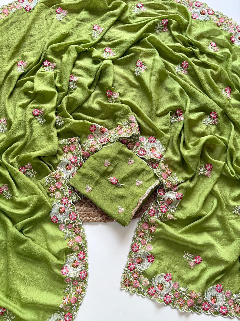 Pistachio Green Embroidered Crush Silk Saree