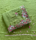 Pistachio Green Embroidered Crush Silk Saree