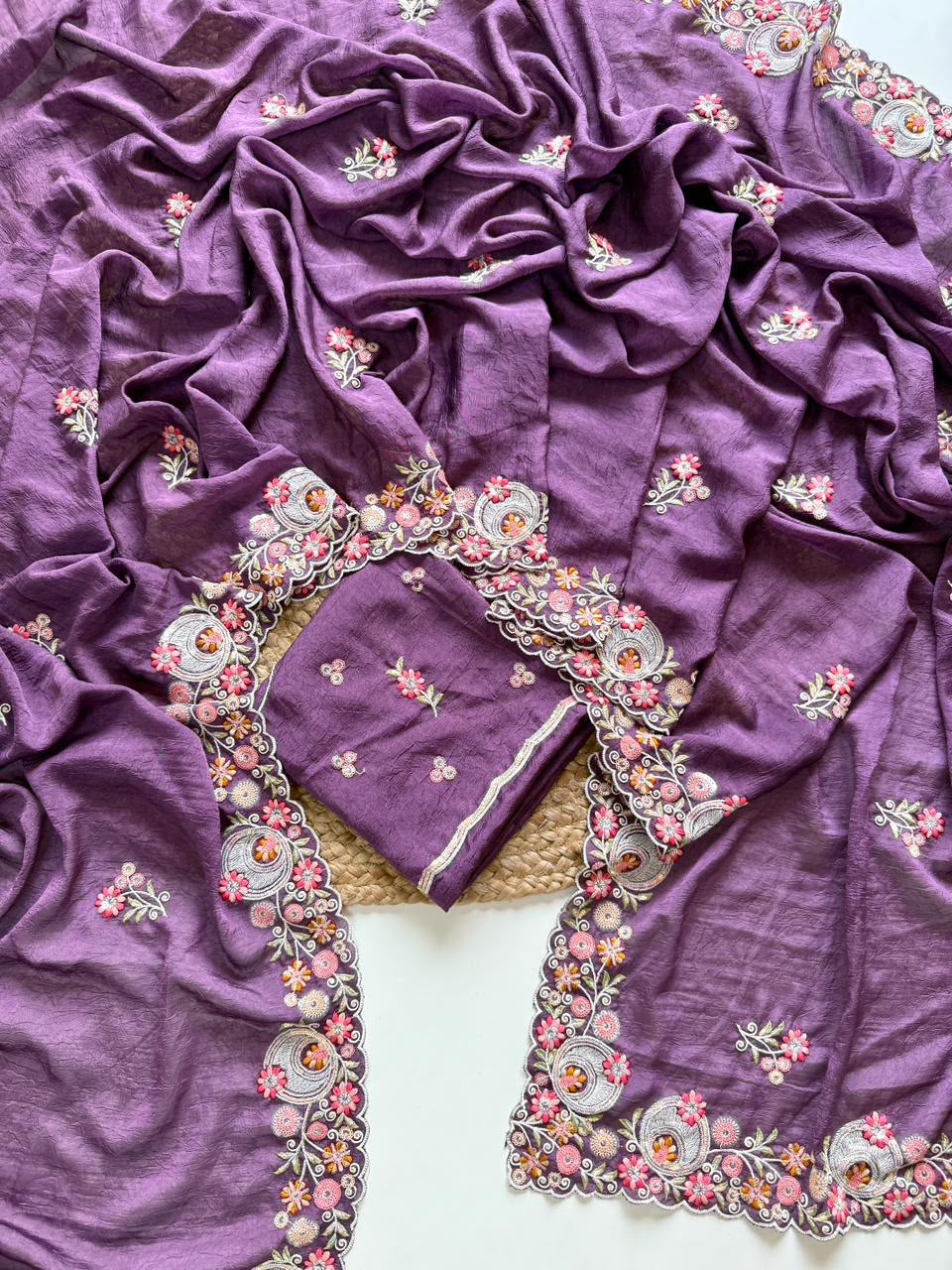 Purple Embroidered Crush Silk Saree