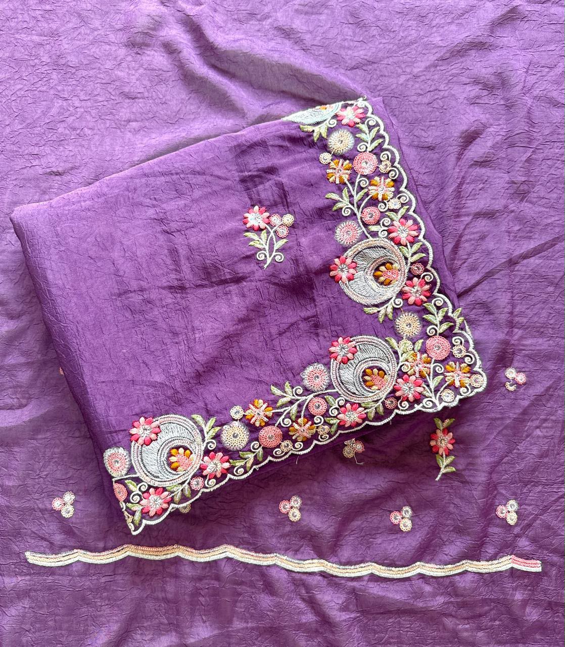 Purple Embroidered Crush Silk Saree