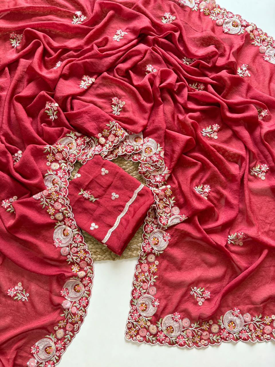 Coral Red Embroidered Crush Silk Saree