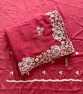 Coral Red Embroidered Crush Silk Saree