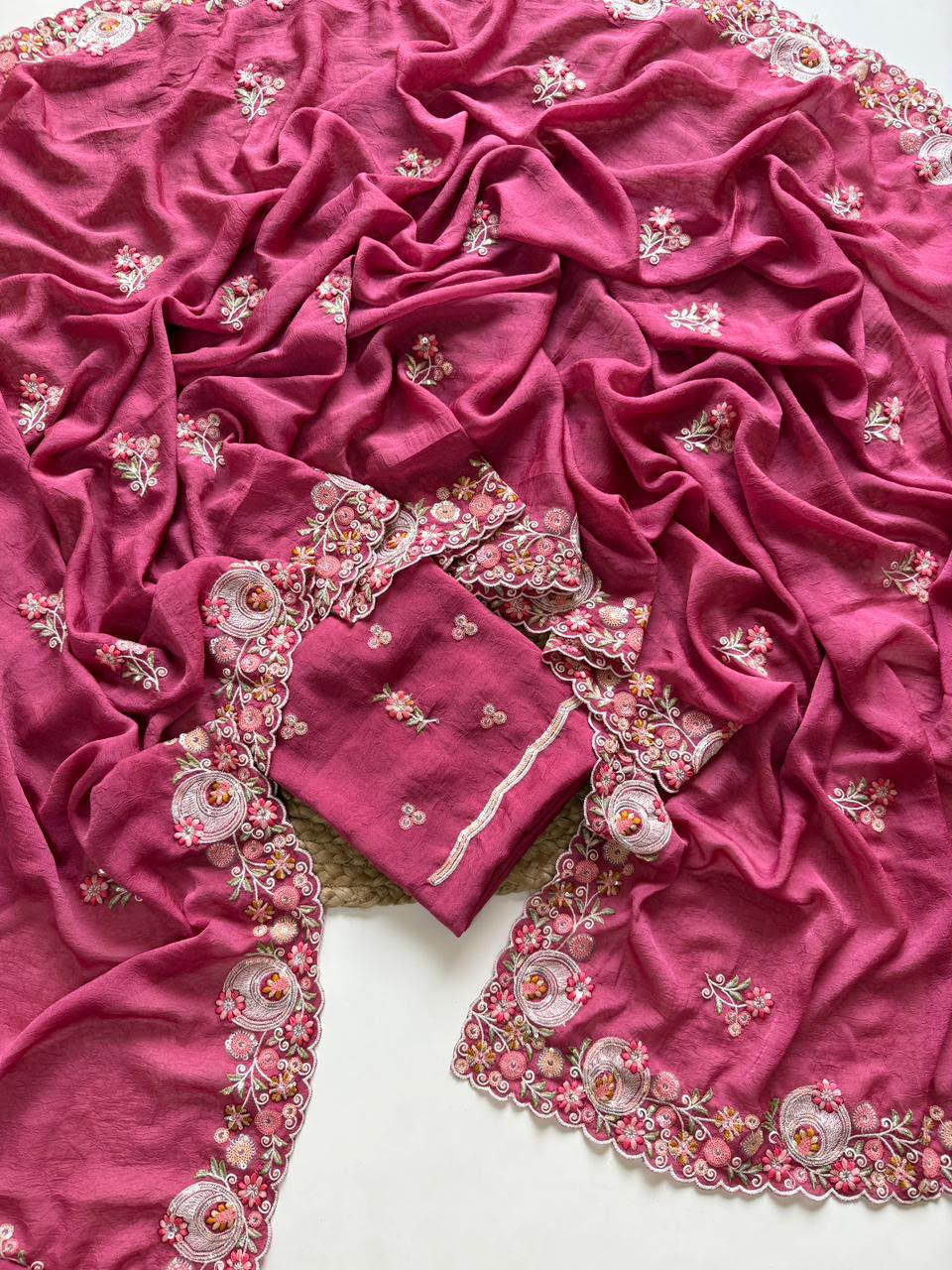 Rose Pink Embroidered Crush Silk Saree