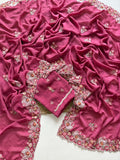 Rose Pink Embroidered Crush Silk Saree
