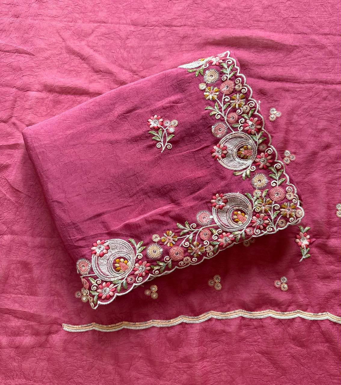 Rose Pink Embroidered Crush Silk Saree