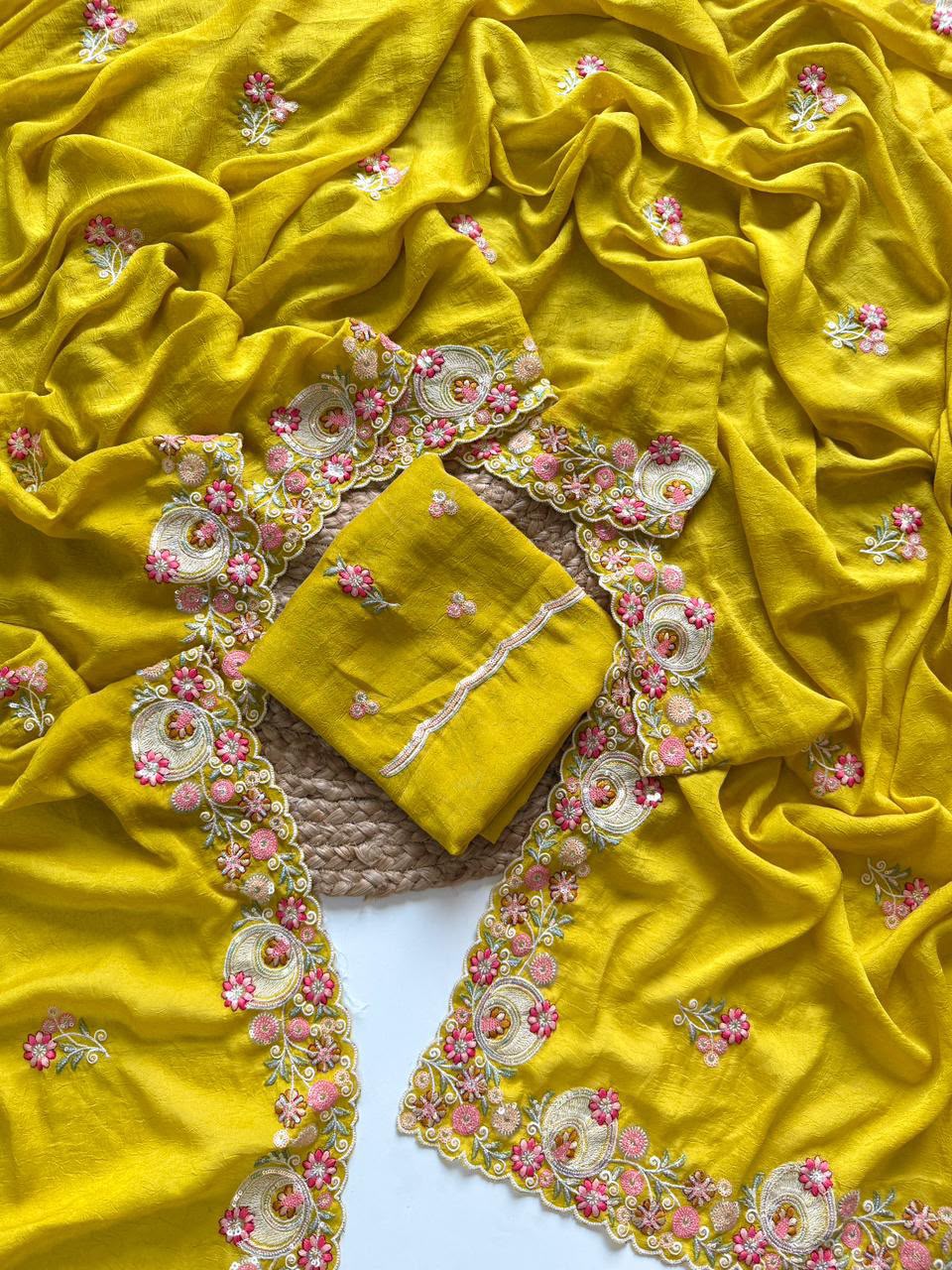 Sunshine Yellow Embroidered Crush Silk Saree