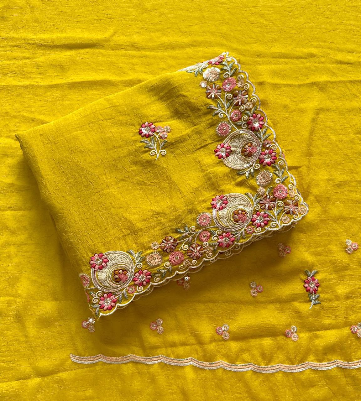 Sunshine Yellow Embroidered Crush Silk Saree