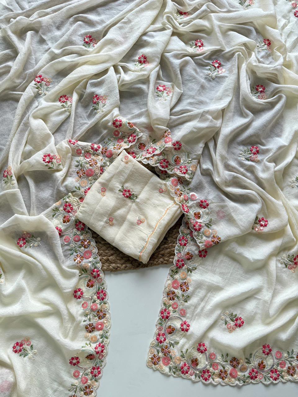 Ivory Embroidered Crush Silk Saree