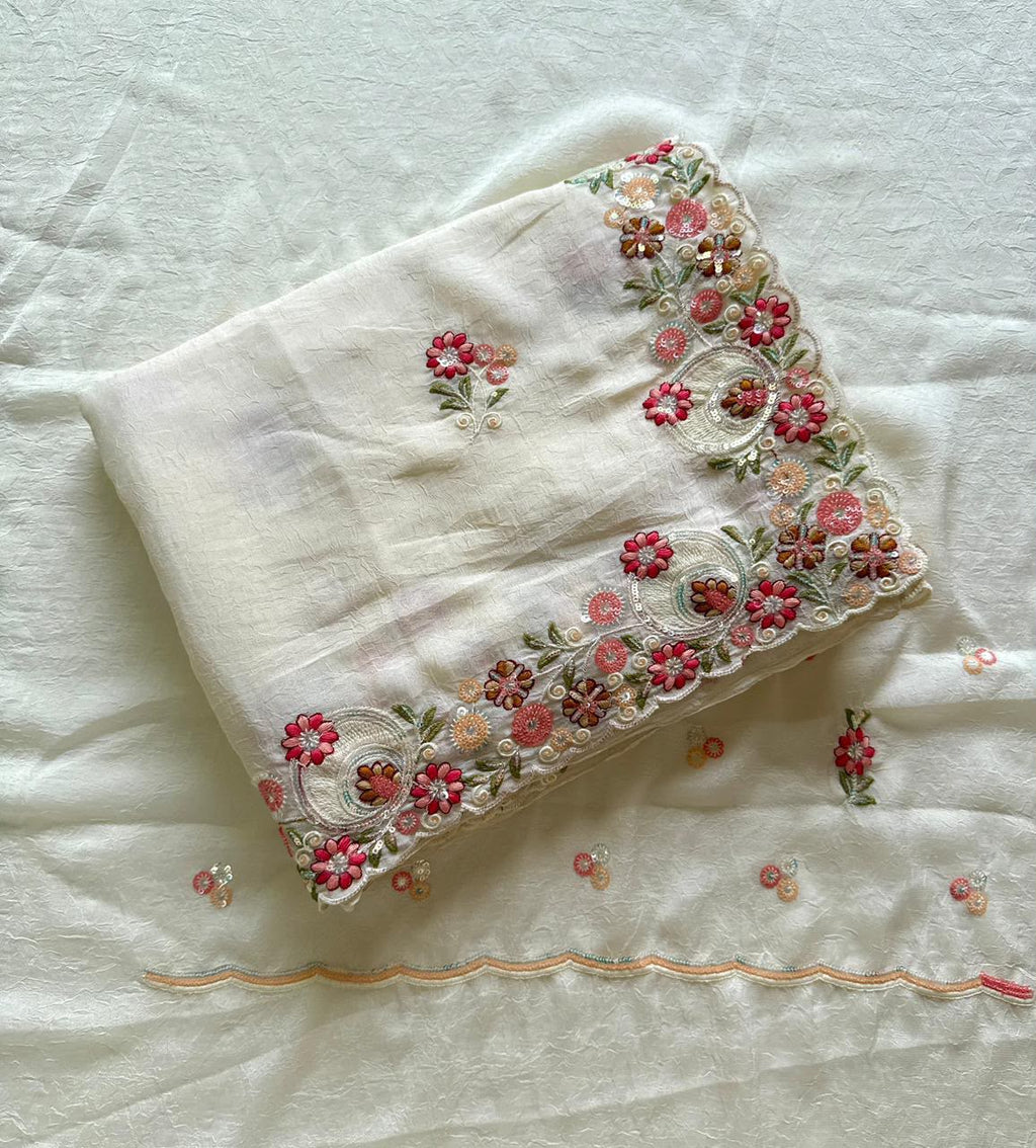 Ivory Embroidered Crush Silk Saree