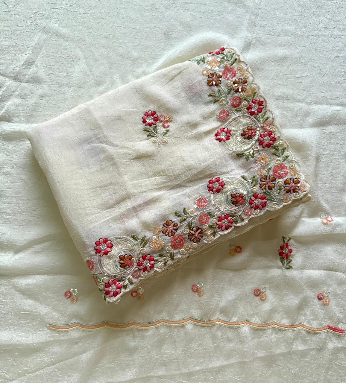 Ivory Embroidered Crush Silk Saree