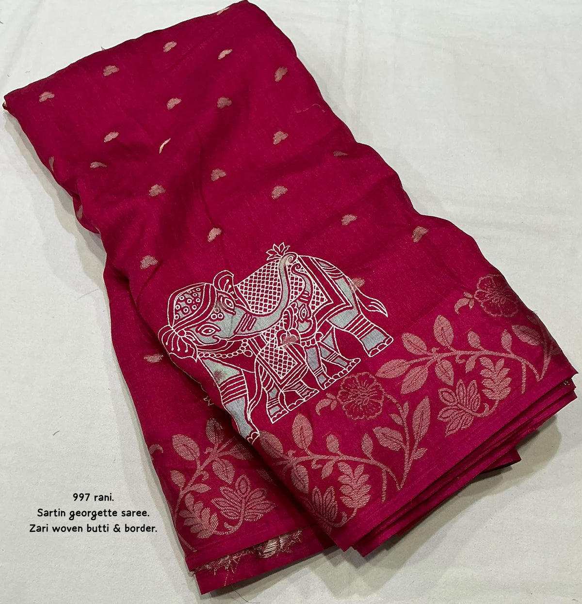 AK-997 Rani Pink Elephant Satin Georgette Saree