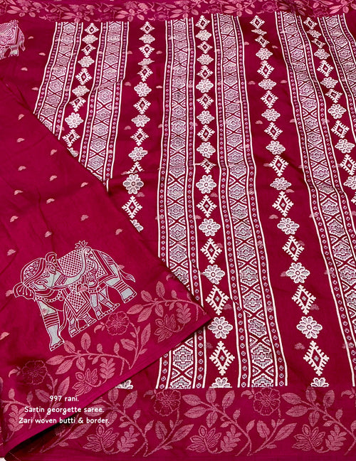 AK-997 Rani Pink Elephant Satin Georgette Saree