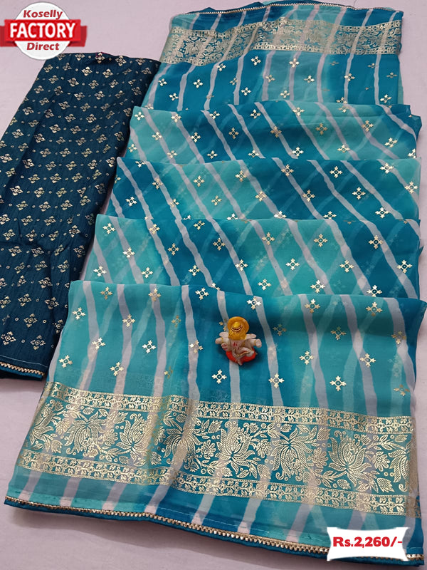 Blue Georgette Leheriya Foil Work Saree