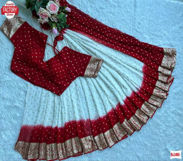 Red and White Pure Georgette Banarasi Zari Saree