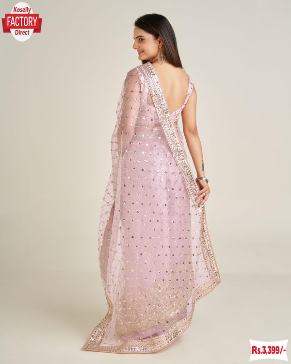 Baby Pink Net Sequins Embroidered Partywear Saree