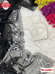 Black Pure Soft Organza Embroidered Partywear Saree With Readymade Blouse