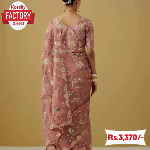Peach Organza Silk Embroidered Partywear Saree