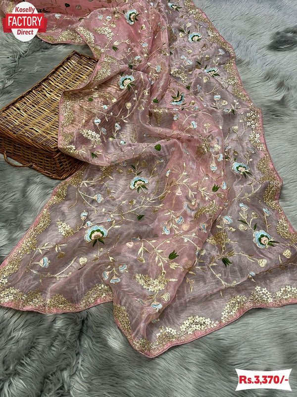 Peach Organza Silk Embroidered Partywear Saree